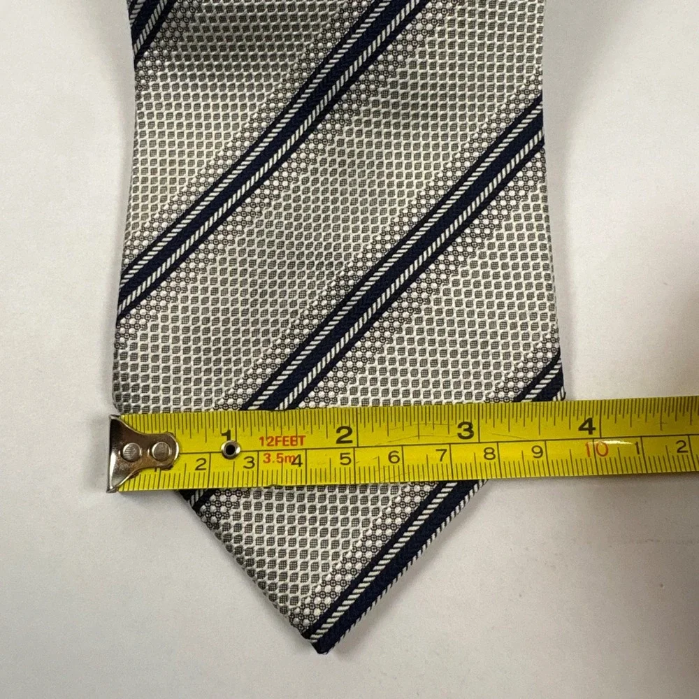 Brioni Necktie Mens OS Silver Navy Blue Striped Silk Textured Geometric Italy